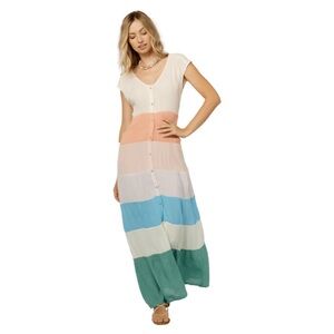 O'Neill Cream, Coral & Blue Striped Button-Front Maxi Dress